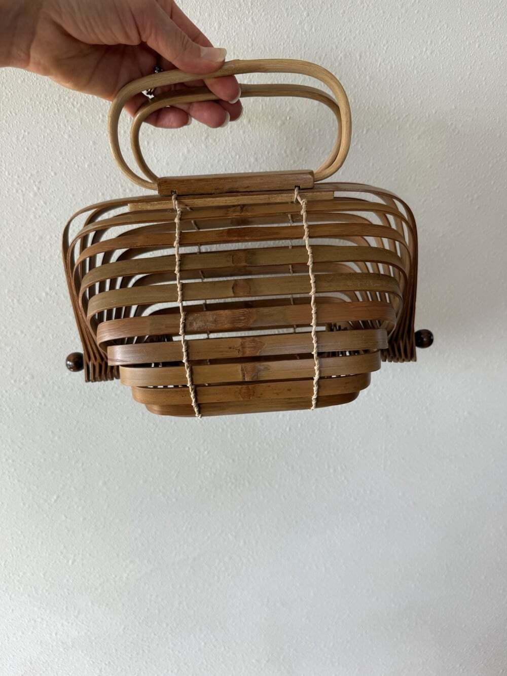 Vintage Cage Purse Collapsible Bamboo Basket Made in Japan Accordion Bag Brown